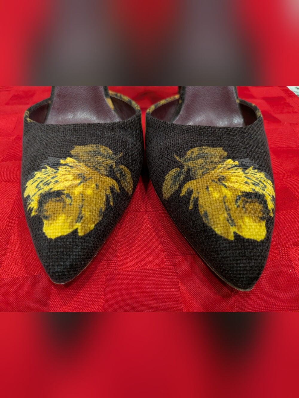 Prada Black Pointed-Toe D'Orsay Pumps with Yellow Floral Detail - Picture 2 of 8